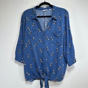 Reitmans Blue Dog Print Button Down Tie Front Shirt Polka Dot Size XL